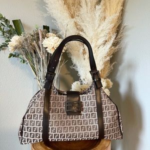 Authentic Fendi Zucchino Shoulder Bag Mogano Panna